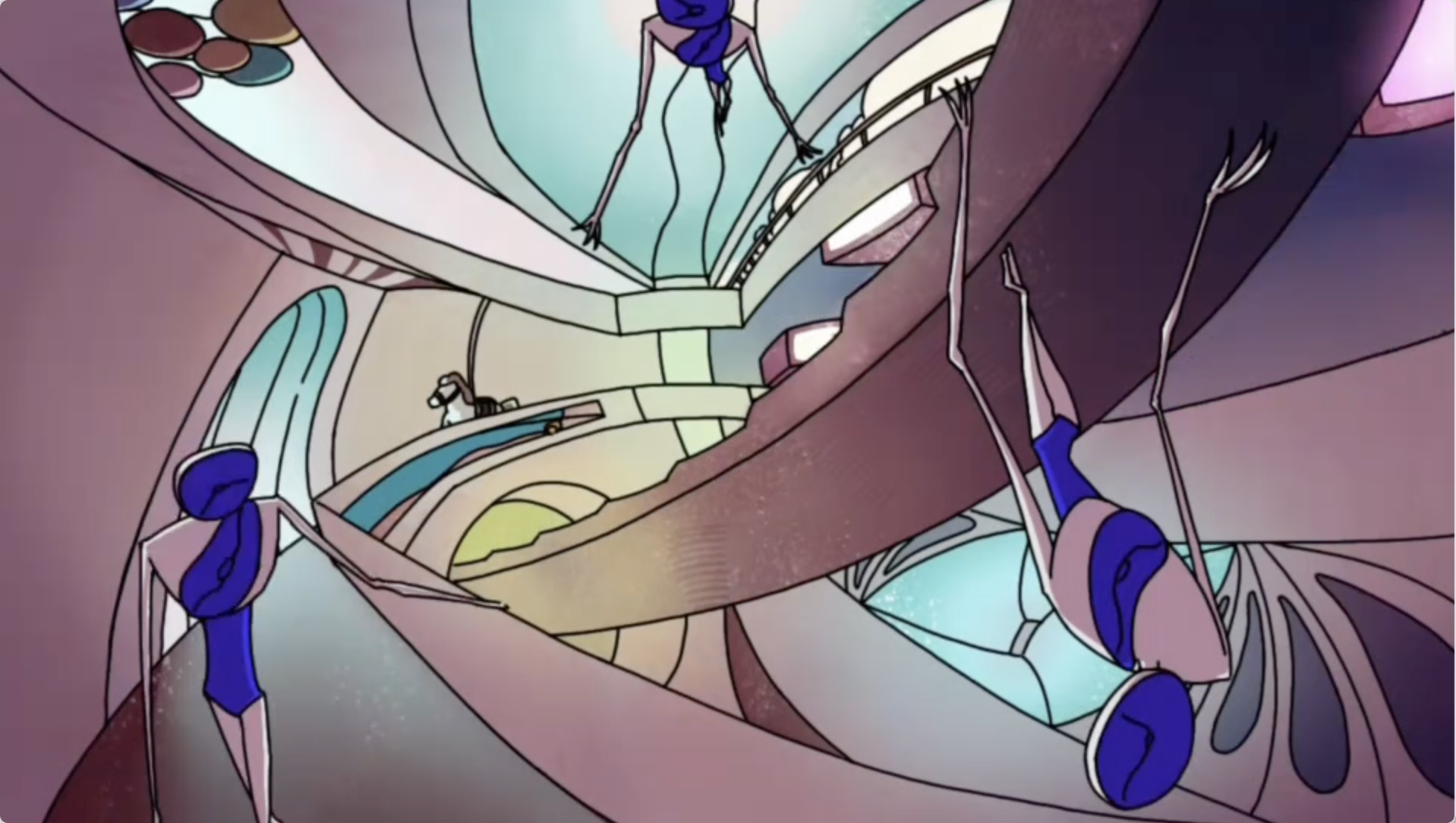 A dreamlike animated world of winding stairways and fantastical creatures